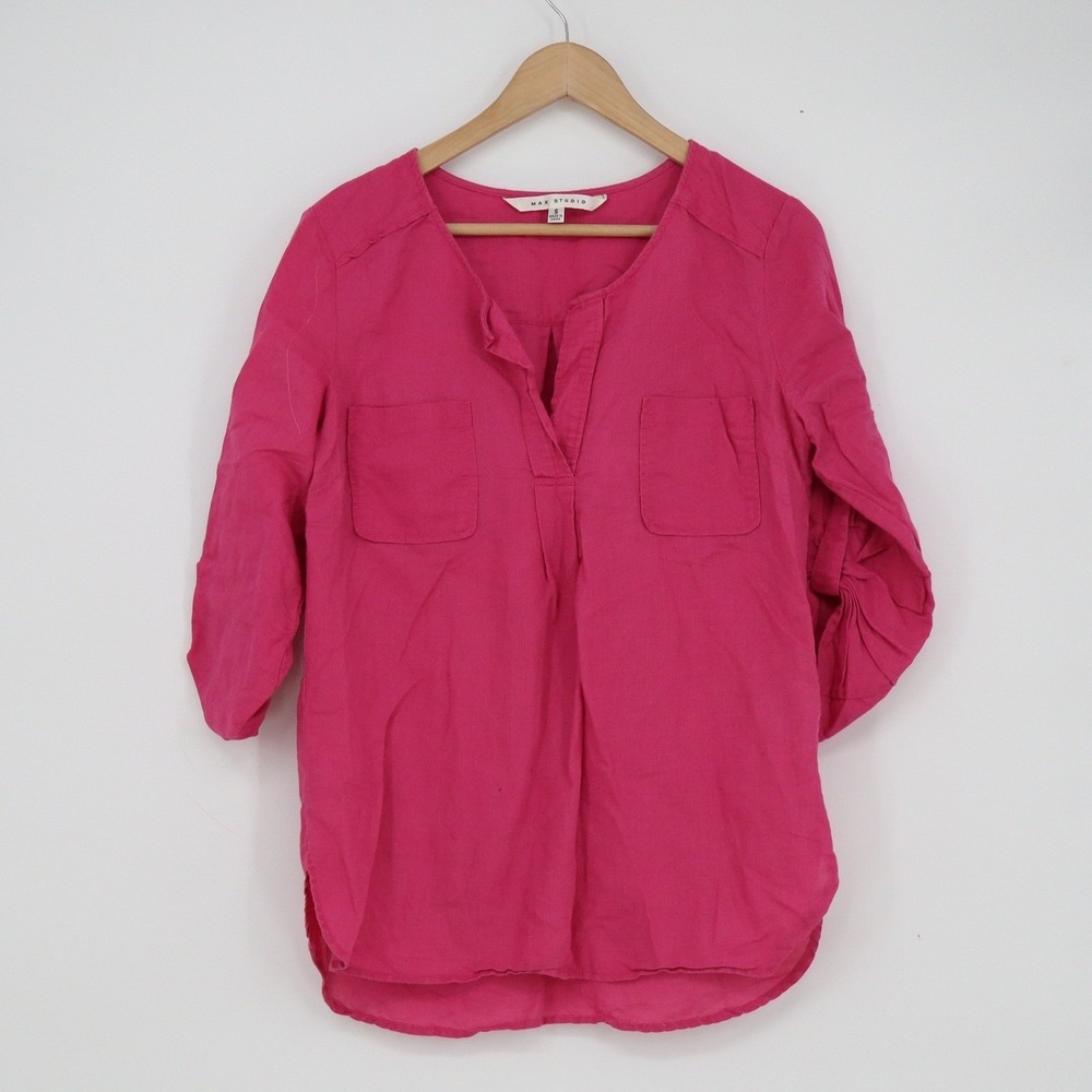Max Studio Fuchsia Pink Linen Cotton Roll Tab Sleeve Tunic Blouse Small - Picture 2 of 6